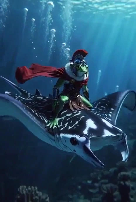 Epic Underwater Battle: Frog Warrior & Manta Ray in Atlantis