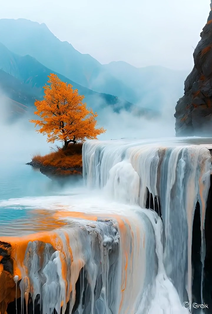 Hyper-Real Waterfall Dripping Over Island