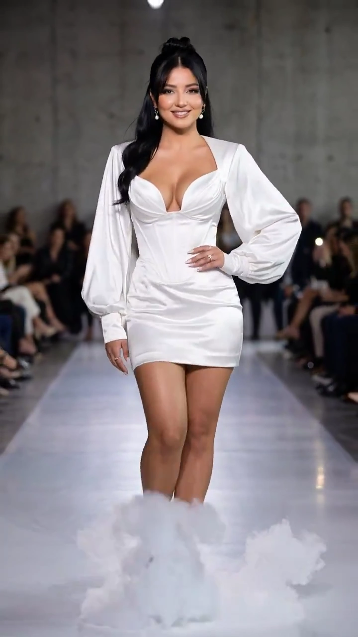 Soft ivory light caresses a polished satin silhouette on the runway