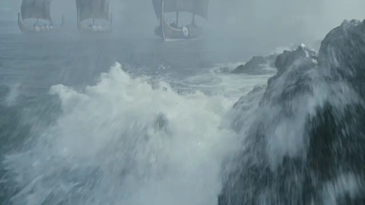Cinematic Viking Longships Brave Fierce Storm and Rocky Shores