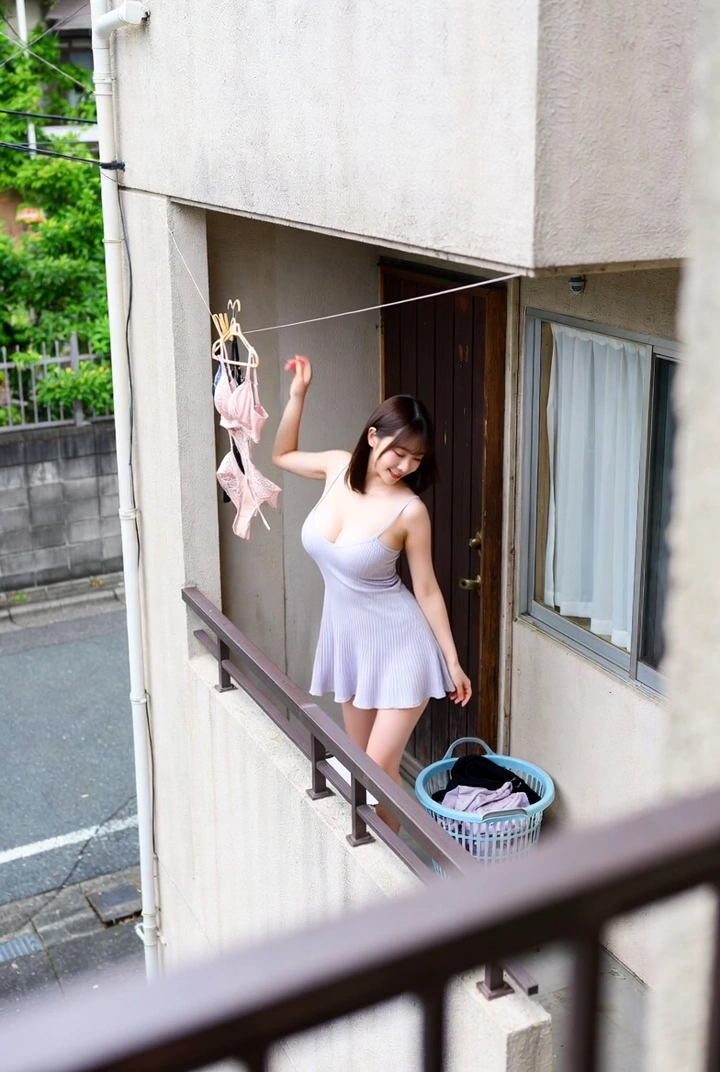Serene Scene of Woman Airing Lingerie on Veranda
