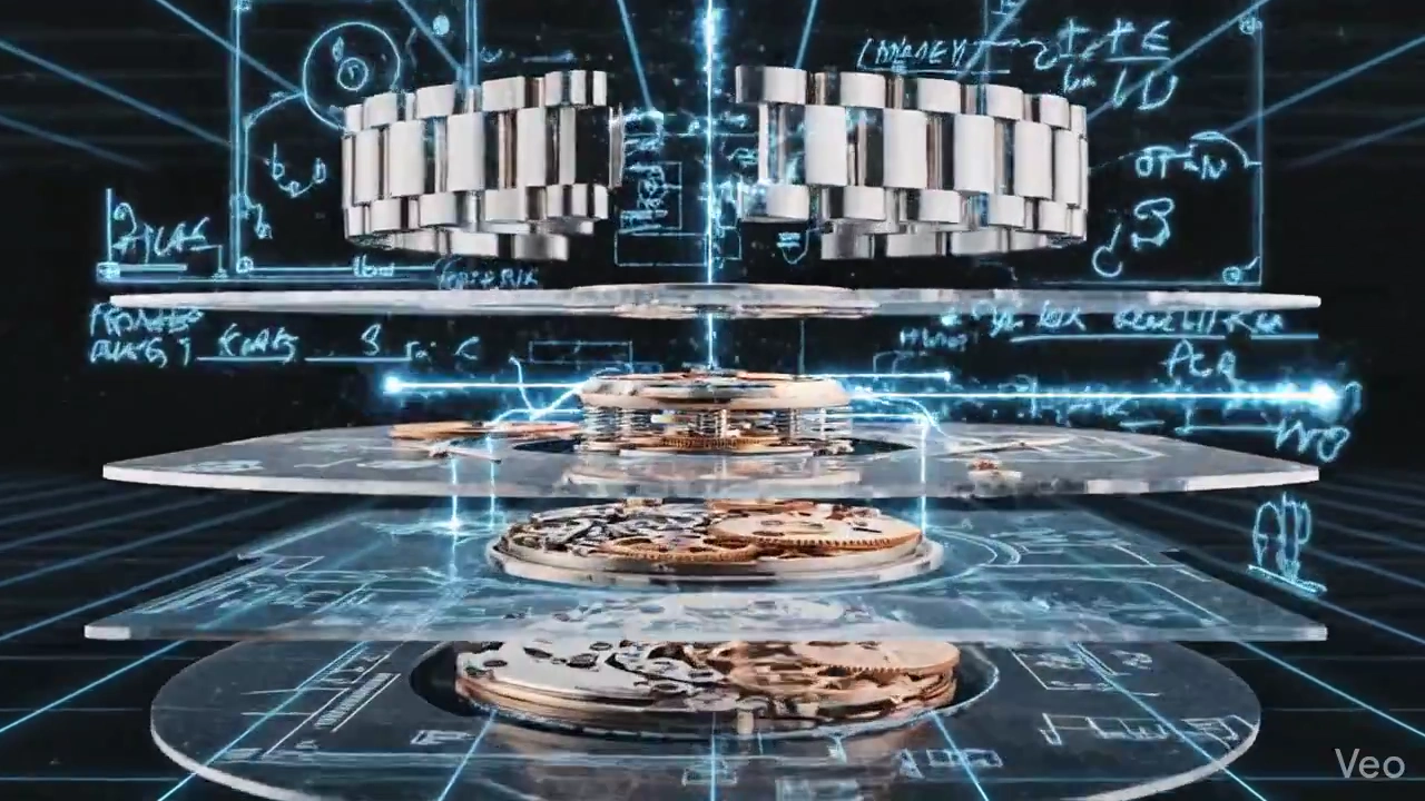 A Rolex watch meticulously assembles from holographic exploded parts