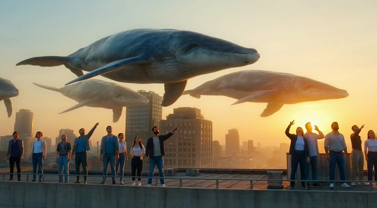 Surreal Dawn with Whales Flying Above Rooftops