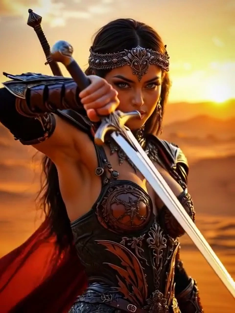 Epic Dark Fantasy Armor in Desert at Sunset