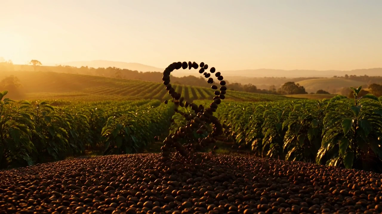 Wonder fills the frame as coffee beans float into a perfect emblem
