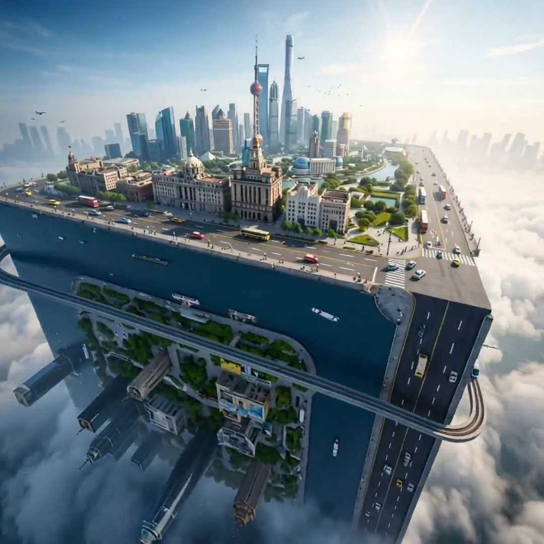 Architectural Marvel: Shanghai Wrapped Across a Floating Cube