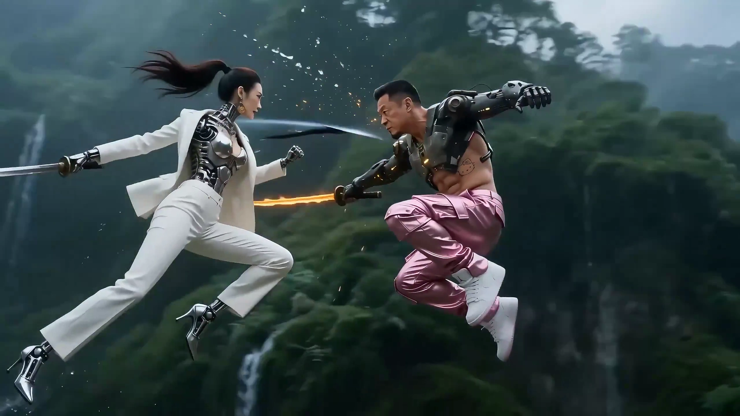 Mechanical Warriors Clash Amidst Cascading Mist and Shattered Stone