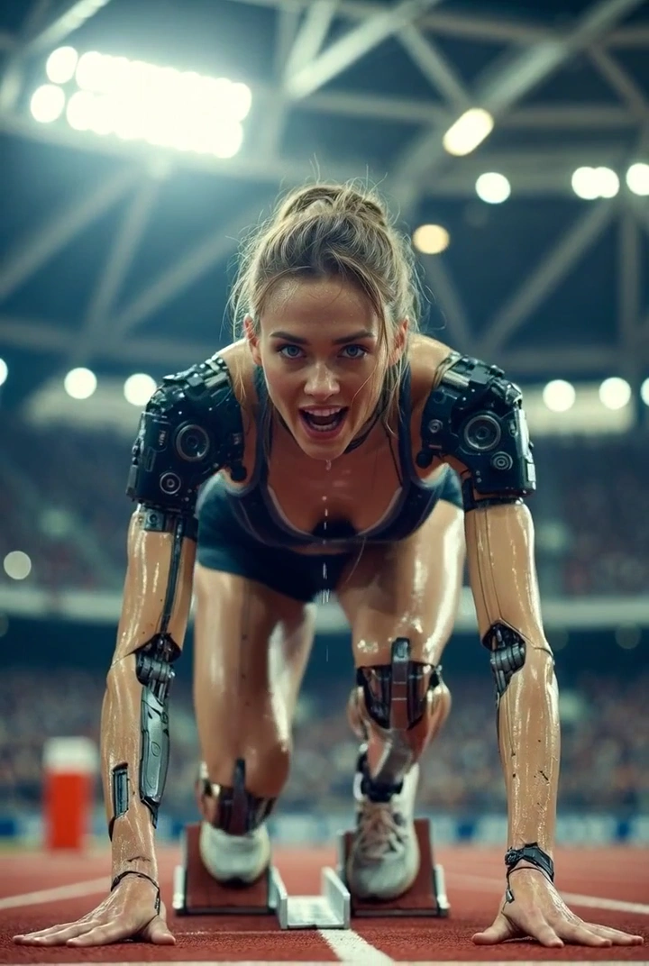 Intense Moment of a Futuristic Cyborg Athlete Before the Race
