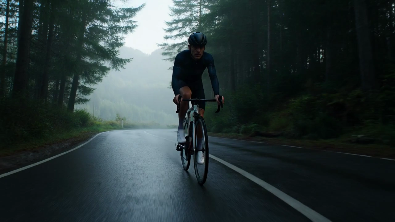 Dynamic Ride: Mountain Cycling Amidst Mist and Sunlight Glimpses