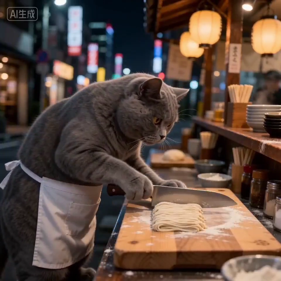 Handmade Ramen Preparation by a Cat Chef in a Serene City Scene