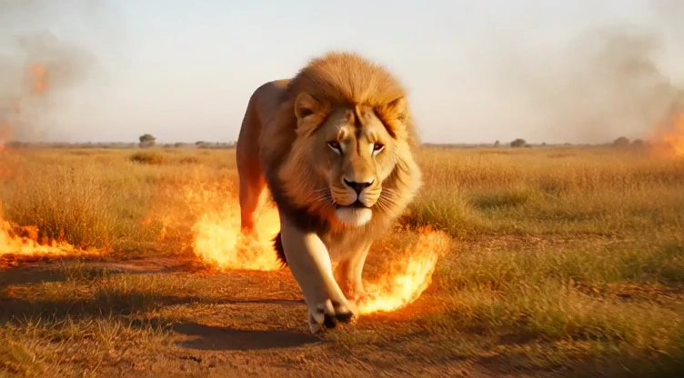 Dynamic Lion Pursuit with Fiery Mane and Explosive Finale
