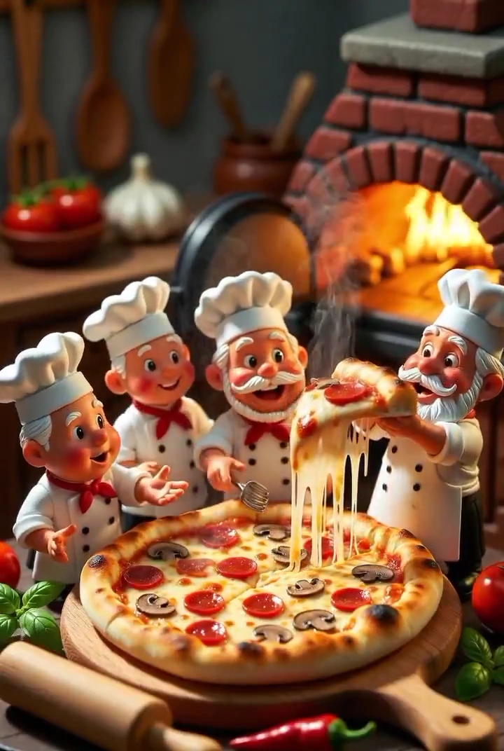 Golden light spills on playful chefs lifting gooey pizza slice