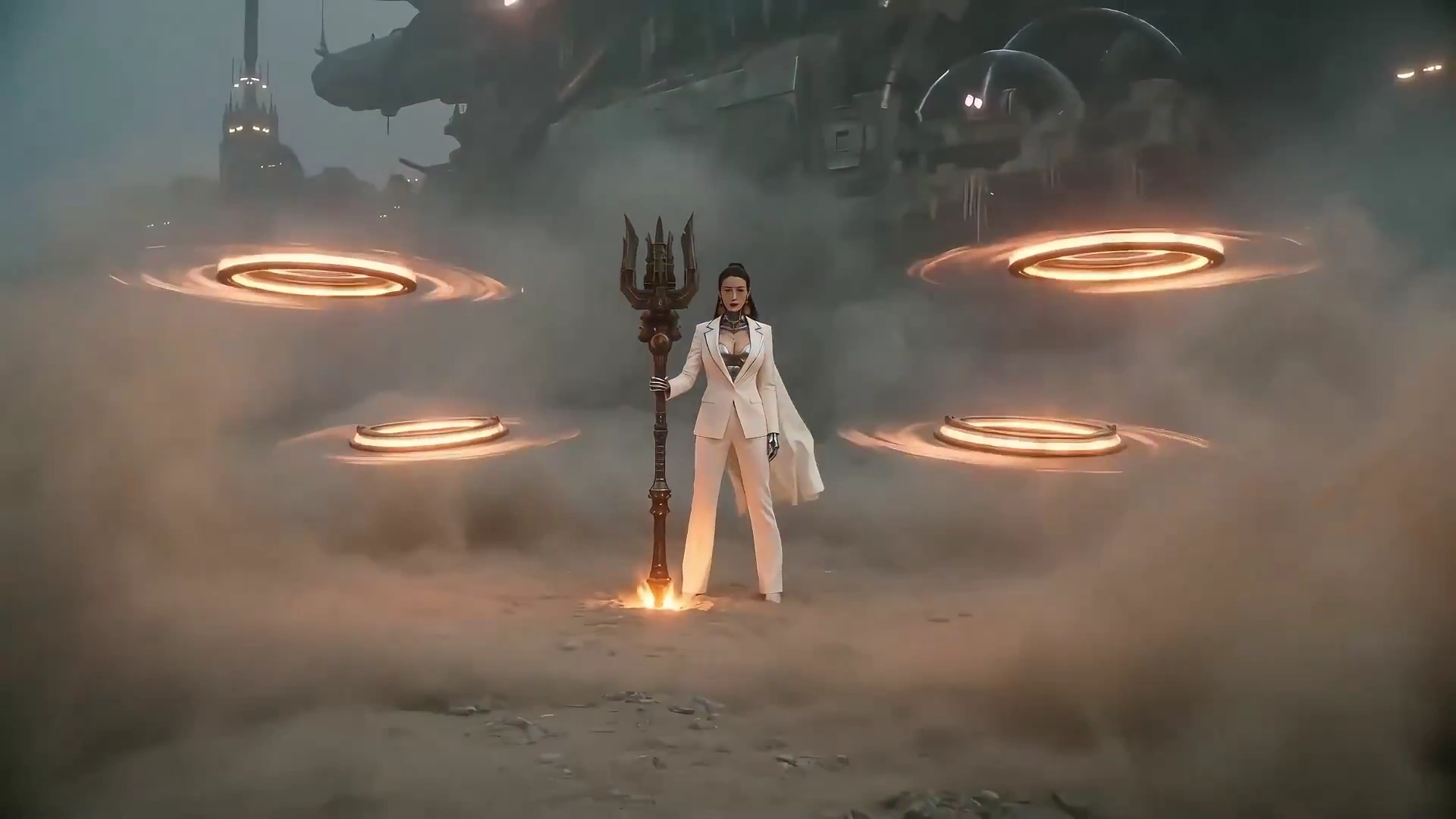 Epic Energy Rings Shatter Steel and Ruins in a Foggy Gothic Battlefield