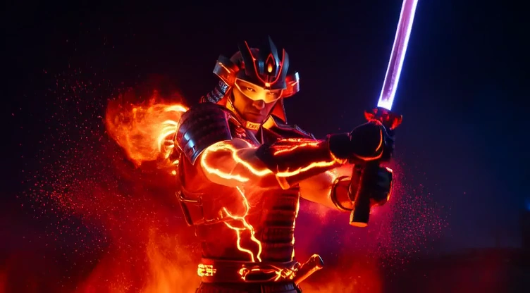 Radiant Warrior: Cellular Flames and Neon Blades in a Futuristic Duel