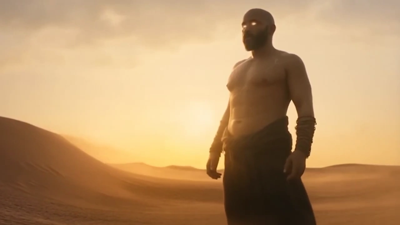 Slow Motion Sand Dissolve of Glowing-Eyed Warrior