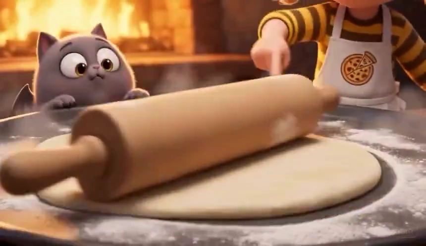 Fiery Pixar-Style Kitchen Featuring Magical Bat-Cats and Skilled Chef