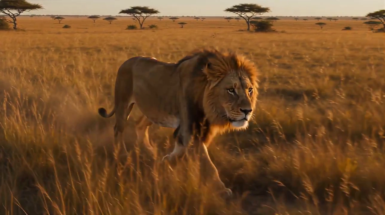 Cinematic Flight Over Savannah Reveals Lion's Commanding Presence