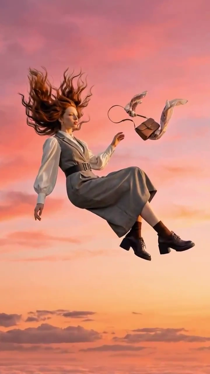 A young woman drifts gracefully through an ethereal landscape