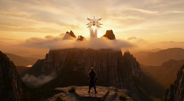Epic Sunrise Scene with Warrior and Light Dragon