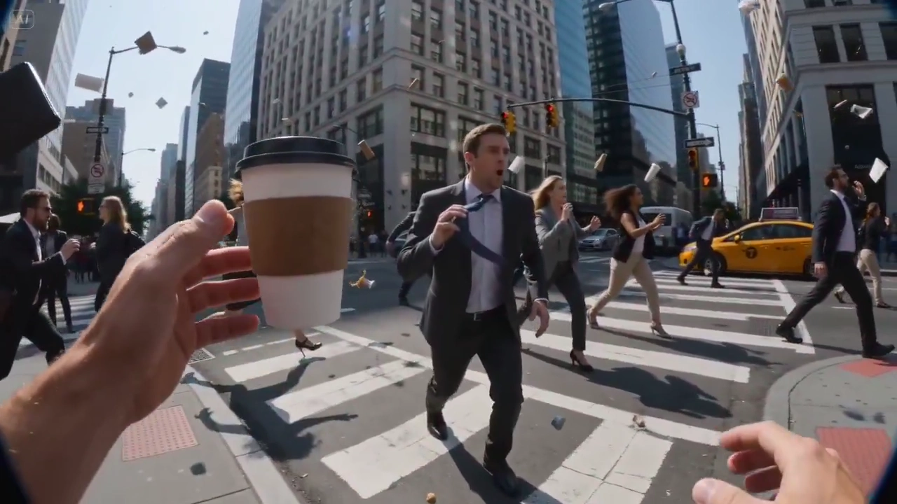 On a bustling city street, time freezes and reality twists