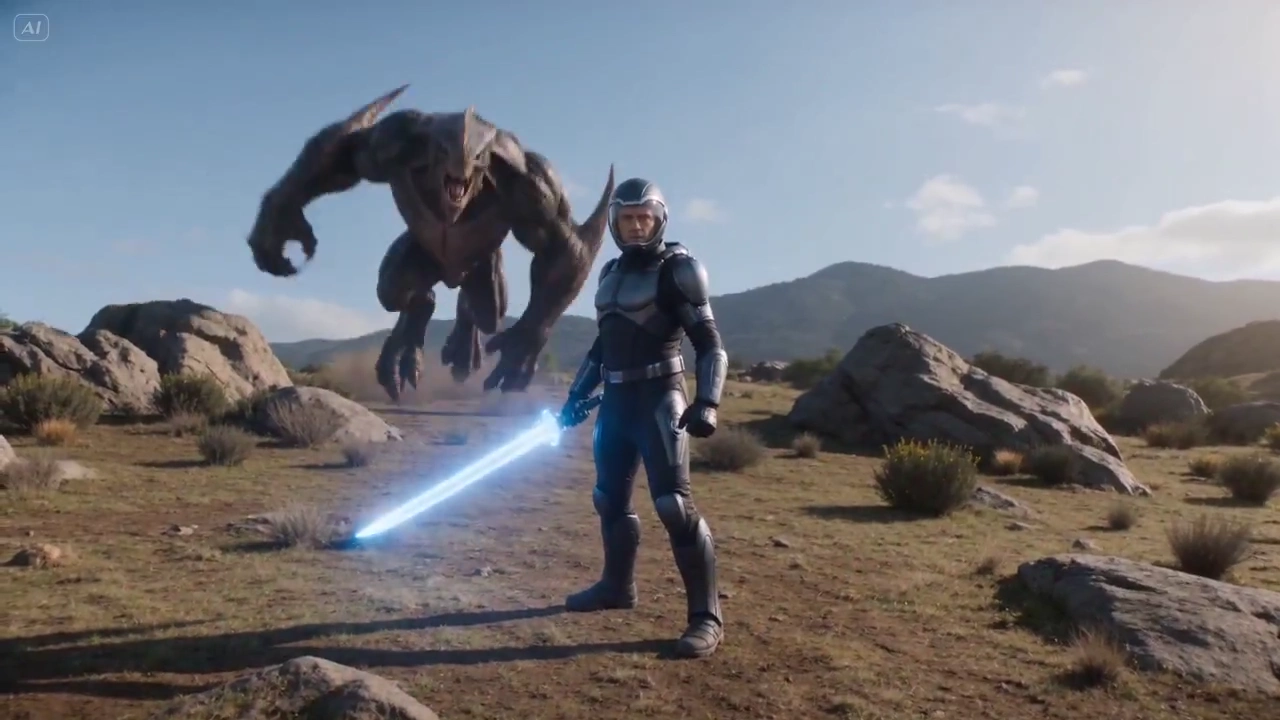 Epic Daylight Combat: Warrior vs. Terrifying Sci-Fi Monster