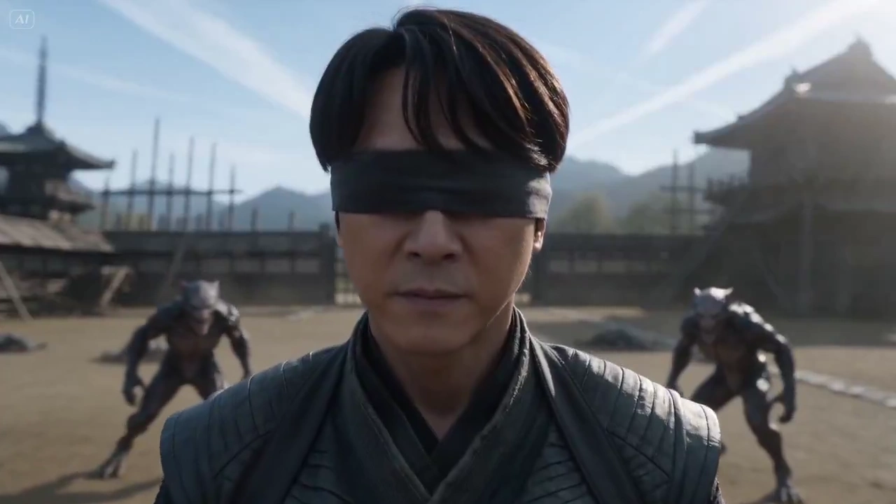 Fluid Martial Arts Showdown with a Blind Monk in a Japanese Landscape