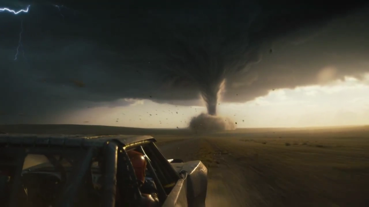Intense Tornado Pursuit Amidst Lightning and Flying Debris