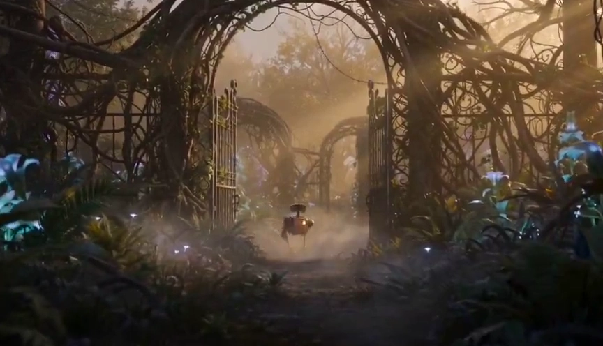 Unreal Engine Render of a Robot Discovering a Mystical Garden Bloom