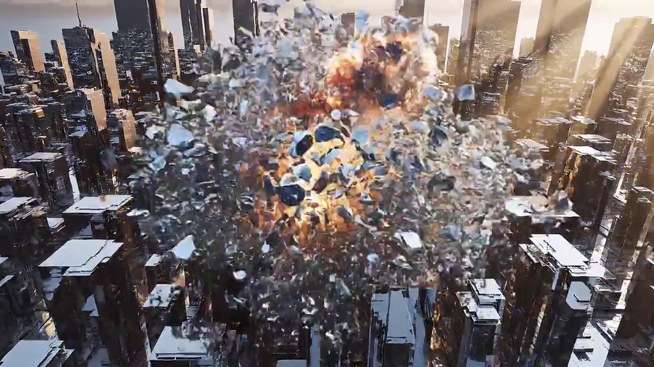 Glowing Letters Emerge from Exploding Glass Towers in a Sunlit City