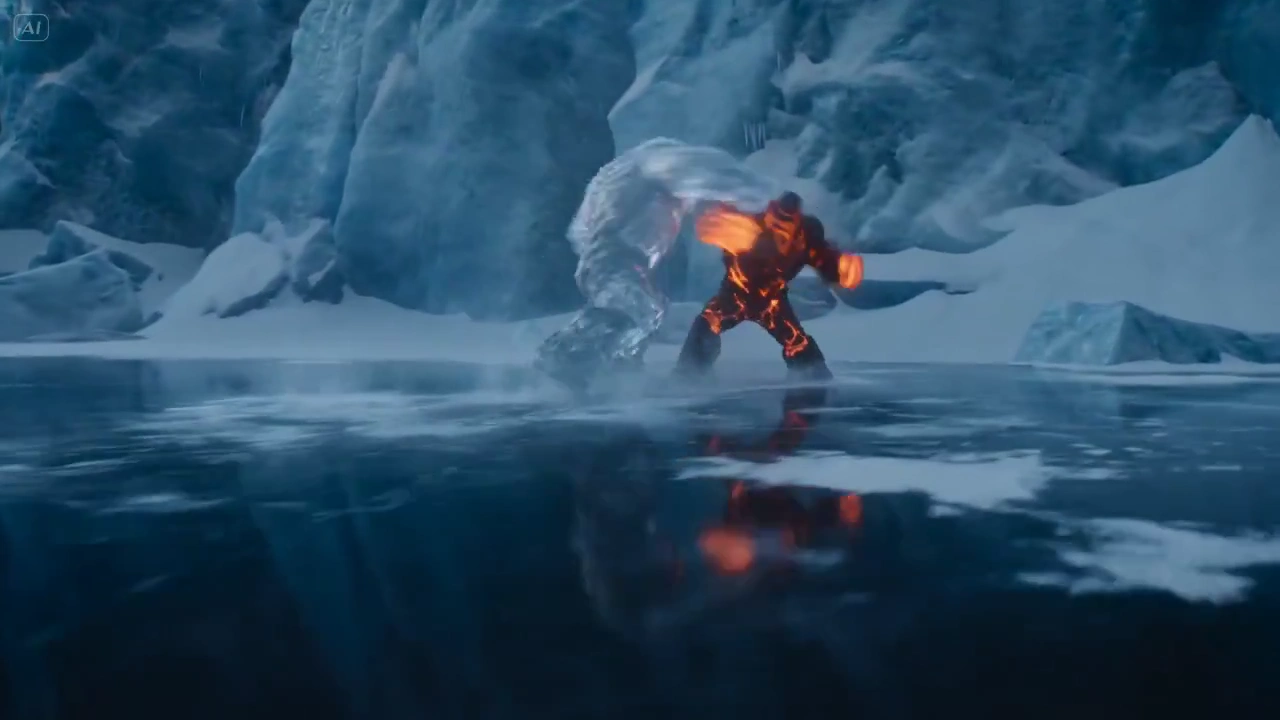 Frozen Valley Duel: Ice and Lava Titans in Cinematic Combat