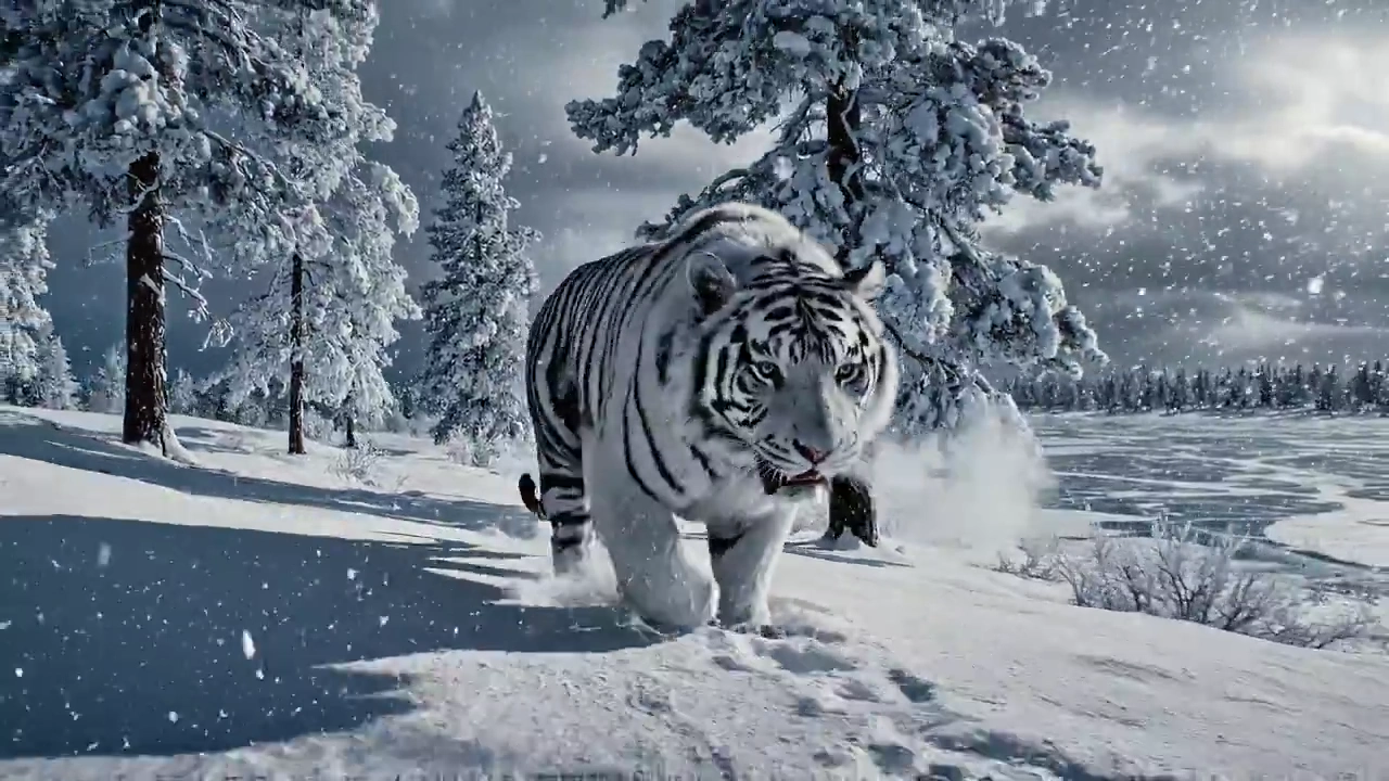 Frozen Tundra Stalk: A Low-Angle Tale of the White Tiger’s Domain