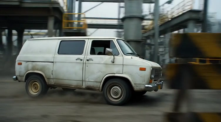 Intense Tracking Shot of Van Amid Industrial Chaos