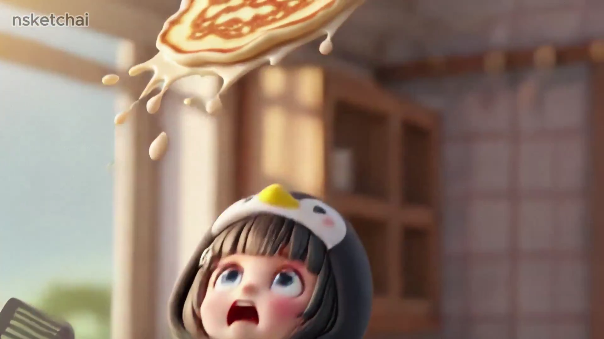 Chibi Penguin Girl’s Playful Pancake Mishap Captured in Pixar Style