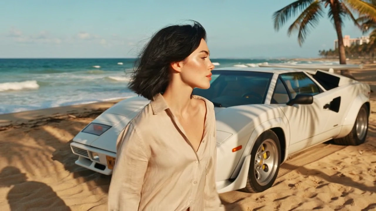 High-Fashion 80s Editorial on a Golden Hour Tropical Shore
