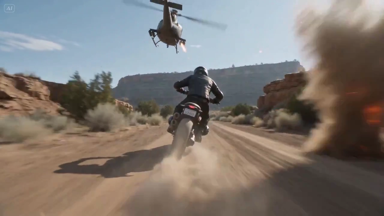 Cinematic High-Speed Chase Featuring Motorcycle Stunts and Aerial Combat