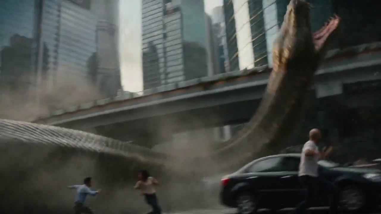 Epic Continuous Shot of Dragon and Python Clash Over Ruined Cityscape