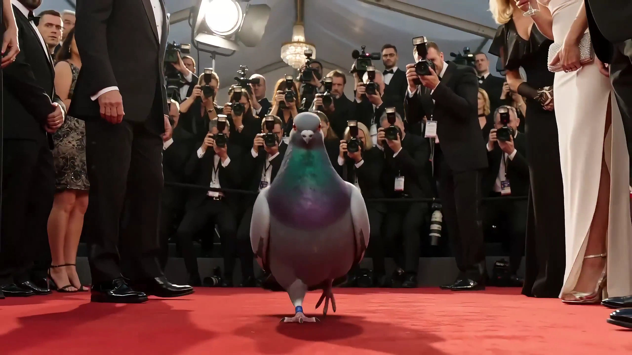Luxury Event Lights Highlight a Bold Pigeon Stealing the Spotlight
