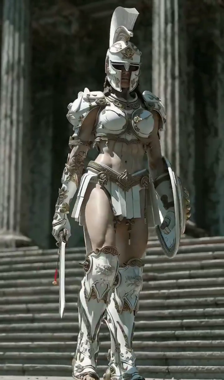 Heroic Battle Between Spartan Fighter and Massive Ape in Sunlit Ruins