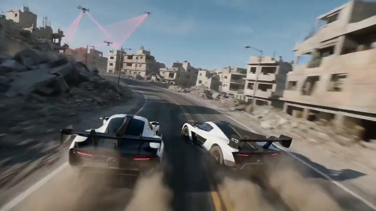High-Speed Rivalry Amid Ruins: Racing Cars and Drones Clash in Tight Streets