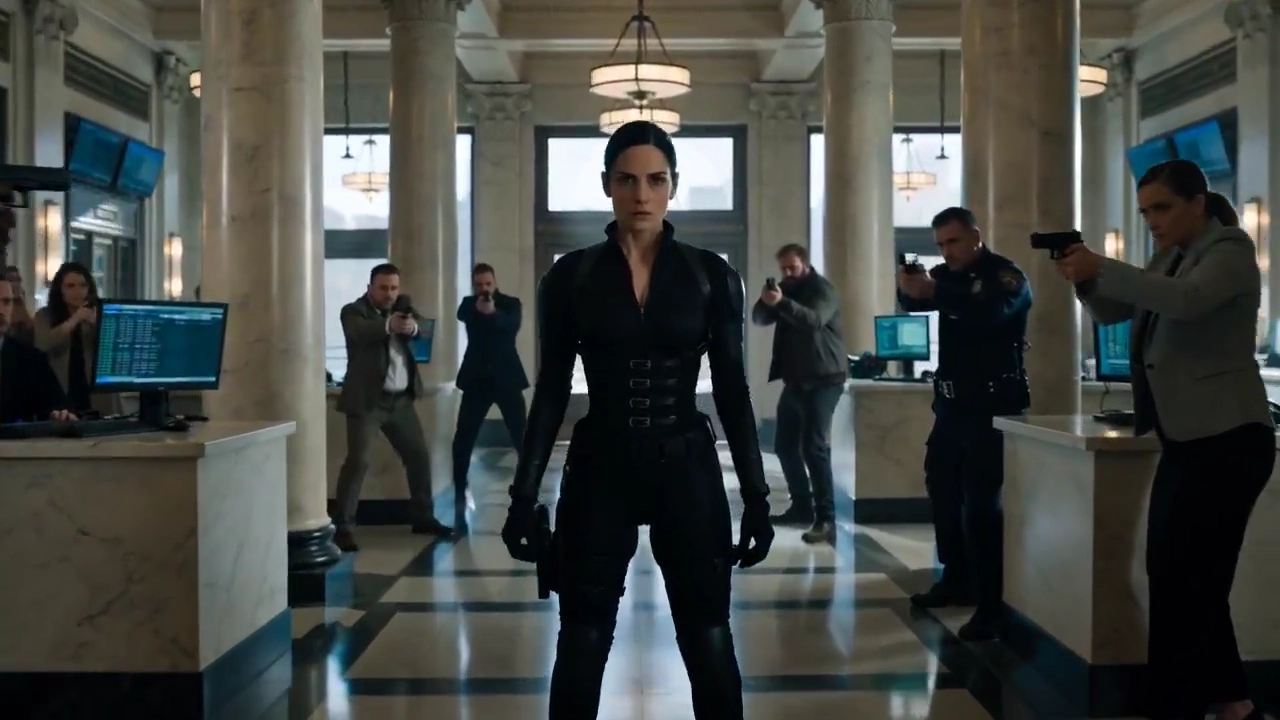 Cinematic Gun-Fu Action with Elite Female Operative in a Bank Standoff