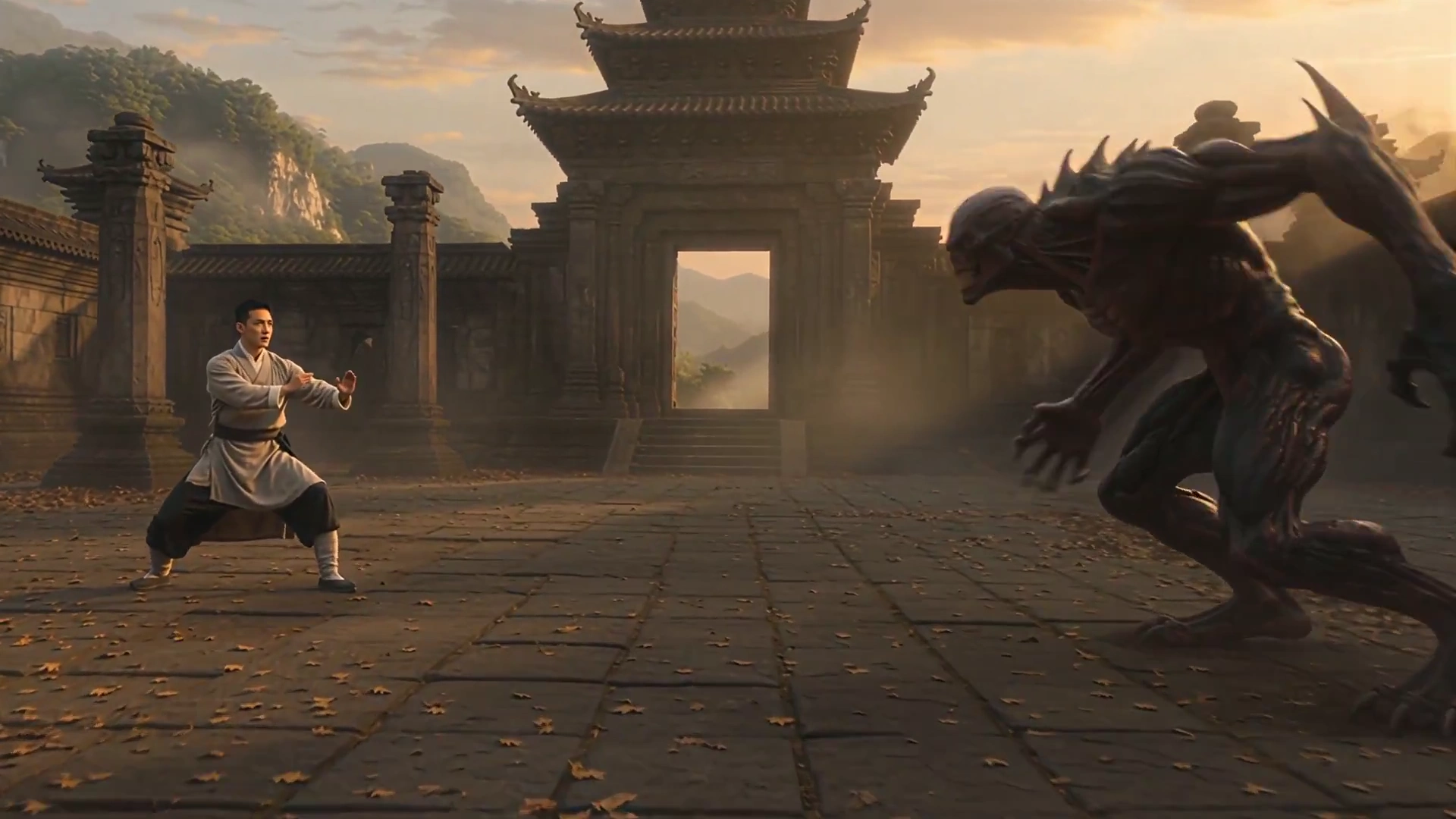 Clash of Discipline and Fury in a Misty Mountain Courtyard