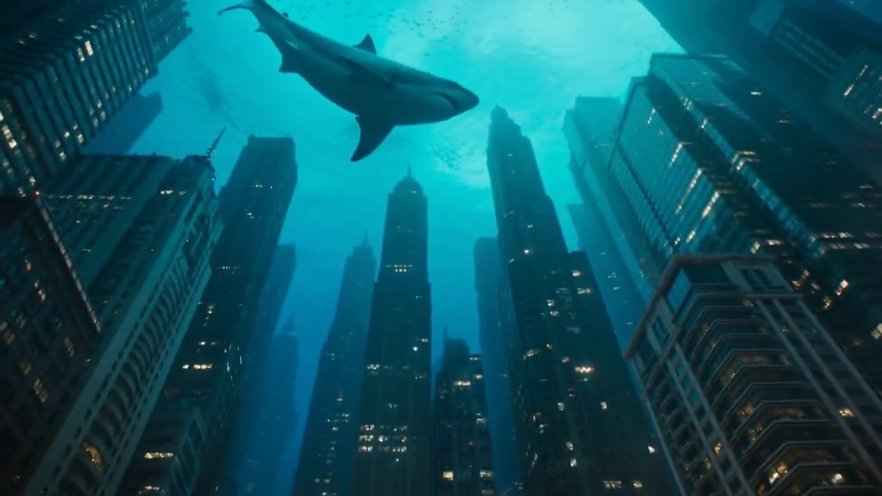 Sky Transformed: Photoreal Sharks Circle Towering City Canyons