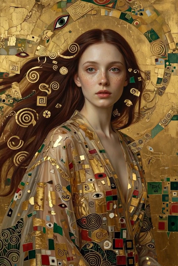 Hyper Realistic Portrait Immersed in Symbolic Gold and Sacred Patterns