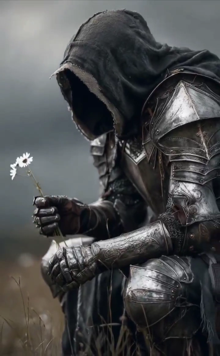 Ethereal Dark Romanticism: Knight with Bouquet in Overcast Landscape