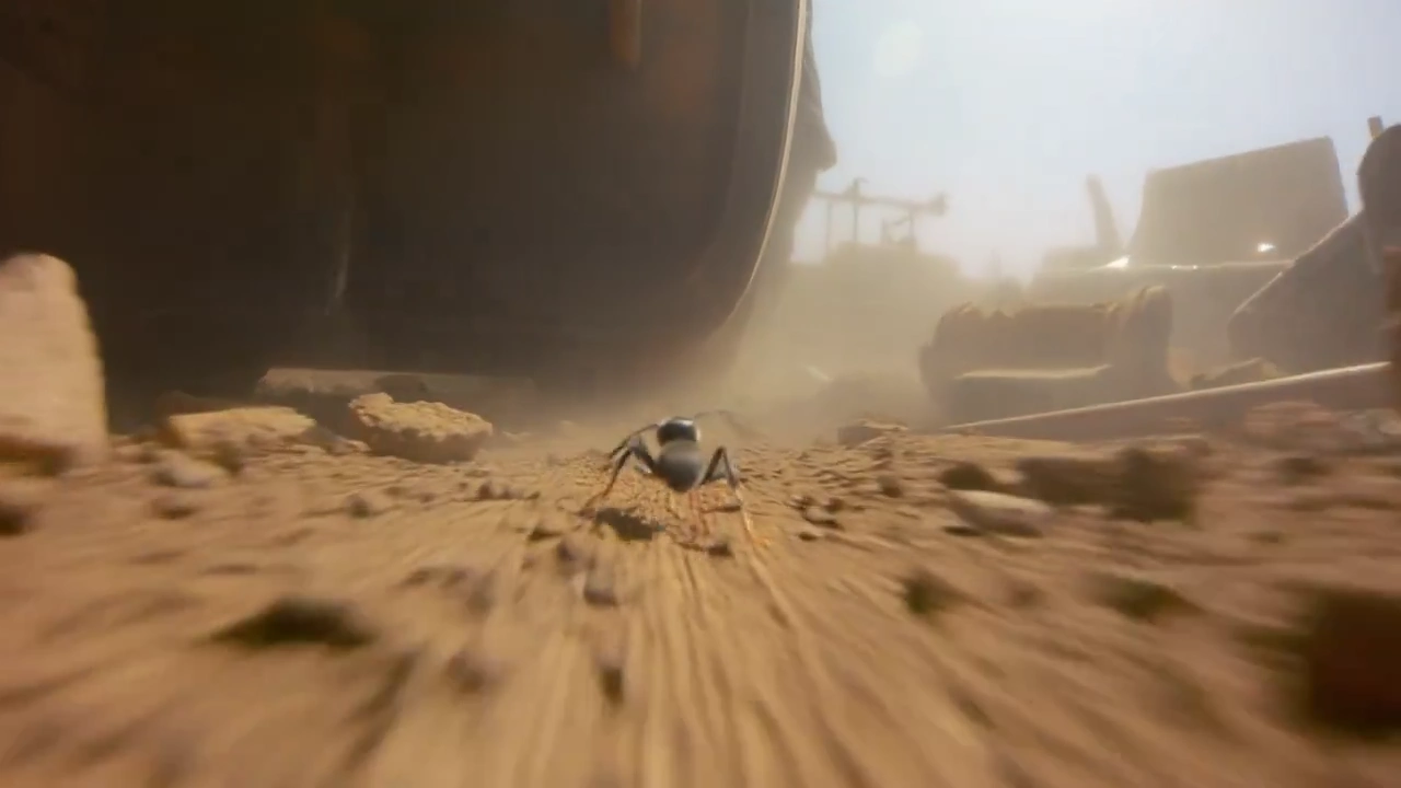 Dust Swirls as an Ant Navigates Gigantic Obstacles at Blinding Speed