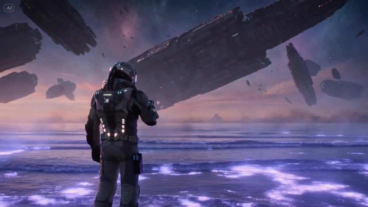 Soft ambient glow and bioluminescent waves shape an alien twilight