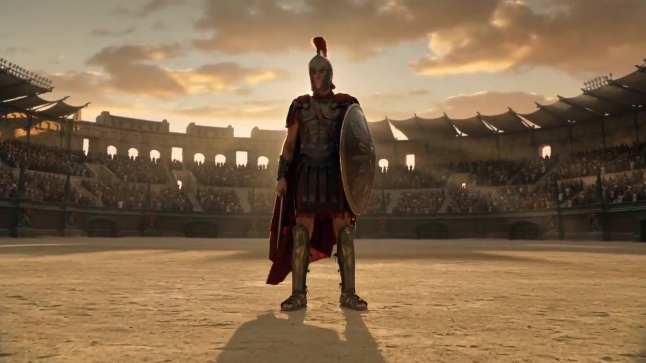 Sunset Clash: The Heroic Stance of a Gladiator in the Colosseum