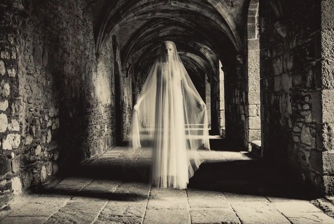 Shadowy Phantom Lurks in Gothic Corridor of Old Medieval Castle