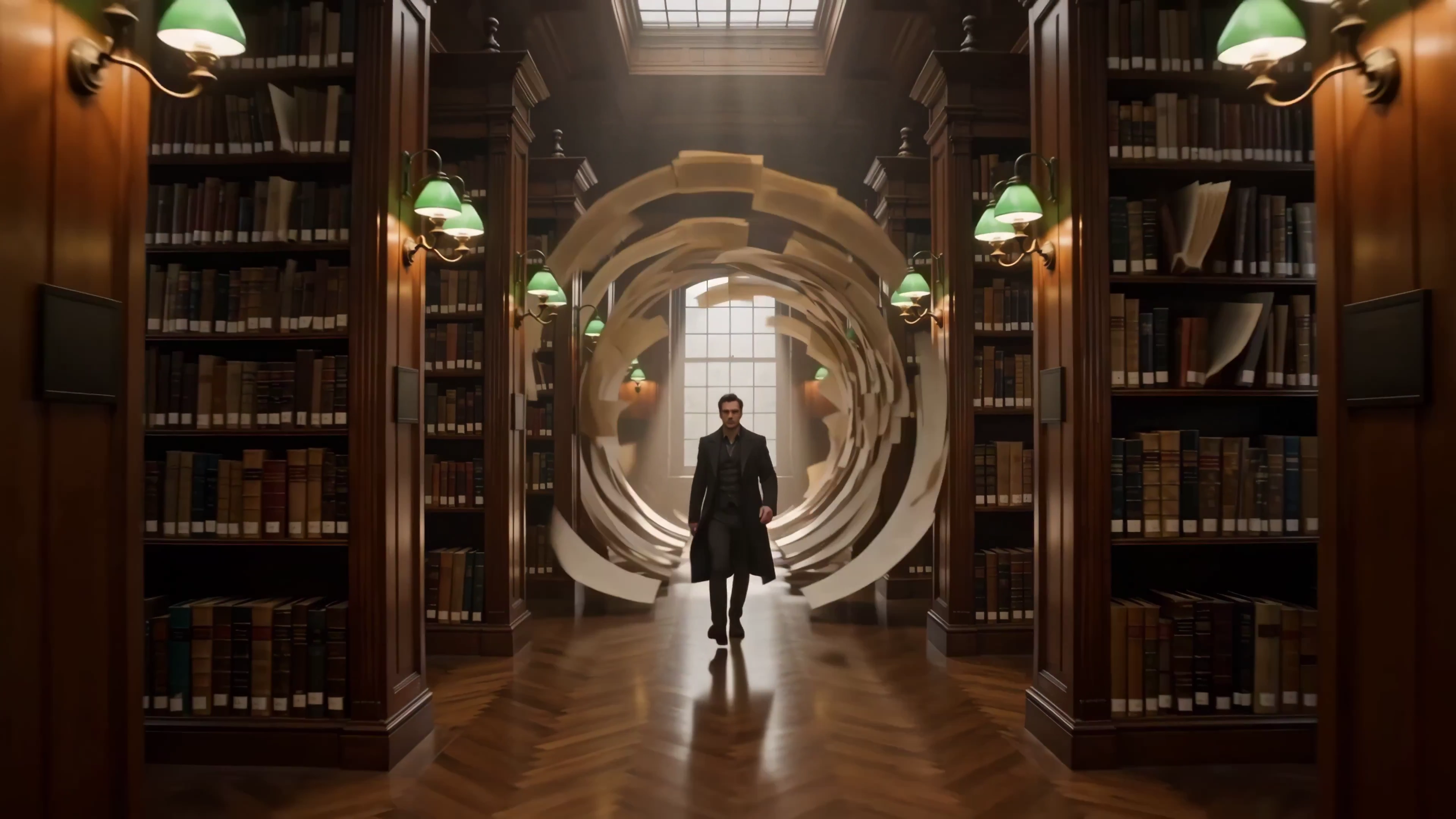 Cinematic One-Take of a Library Morphing into an Infinite Storyscape