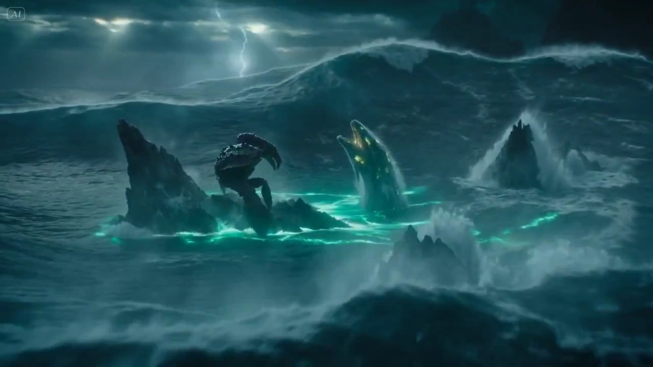 Stormy Seas Ignite as Glowing Serpent Faces Off Against Crab Titan